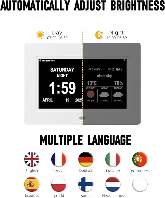 Memwake Digital Alarm Clock, Multiple Alarm Functions, Clock with Date and Day, Digital Alarm and Electronic Calendar for Seniors (White, 7 inch) (7-inch White WiFi)