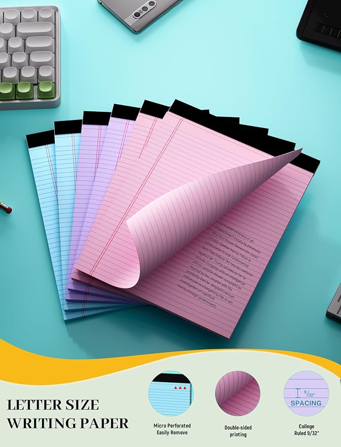 Legal Pads 8.5 x 11, 6 Pack Note Pads 8.5x11, Colored Legal Pads 8.5 x 11 College Ruled, 30 Sheets Per Writing Pads, Perforated Lined Paper Pads with Sturdy Backing, Notepads for School, Office, Home