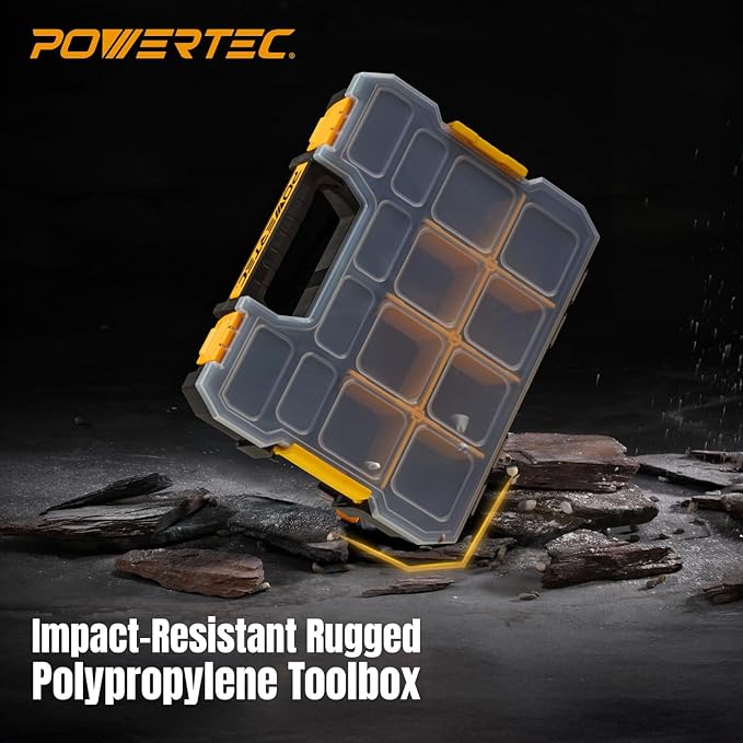 POWERTEC Small Parts Organizer & Tool Box – 14 Compartments, Stackable Storage with Interlocking Latch, Removable Dividers, Clear Lid, Portable Design (72364)