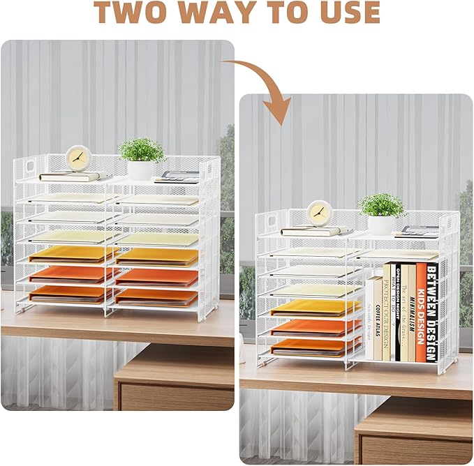 Marbrasse Desktop Literature Organizer, 12 Compartments Mesh Paper Organizer Desk Organizers, Adjustable File Sorter Mail Center Paper Storage Cabinet Classroom Mailbox for Office Home School, White