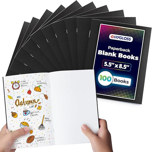 Hygloss Blank Books - Bulk 100 Pack – 5.5" x 8.5" A5 Black Paperback Blank Books for Kids to Write Stories, Doodle, Arts & Crafts – Plain Drawing Sketchbook, Unlined Journal, Notebook Without Lines