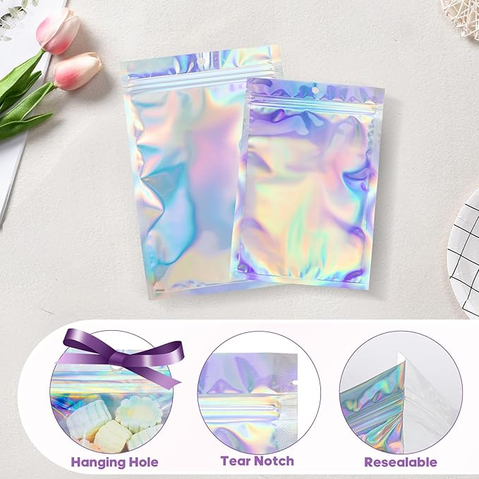100pcs 6x9 inch Holographic Resealable Packaging Bags for Small Business Supplies- Cute Small Plastic Color Smell Proof Ziplock Foil Pouch Baggies for Lip Gloss Soap Party Food Storage