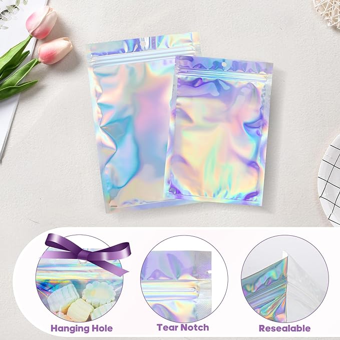 100Pcs Holographic Resealable Bags, 4x6 inch Packaging Foil Pouch ，Motomy Mylar Food Storage Bag Great for Small Business and Party Favor……