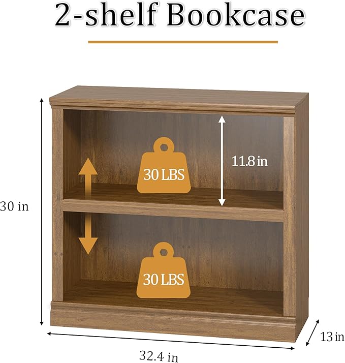 blini 2-Shelf Bookcase Wooden Bookshelves 33in Wide Floor Standing Display Storage Shelves Vintage Oak Bookcase for Home Office, Living Room, Bed Room