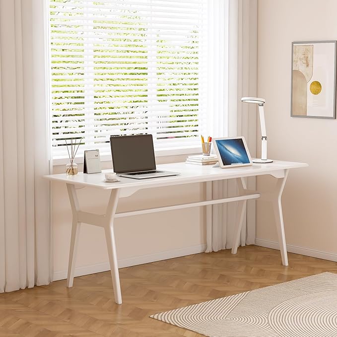 OSCHF Solid Wood Study Desk - 63" Double Long Computer Table for Home Office, 2-Person PC Workstation, White