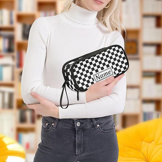 BOENLE Custom Black White Checkered Pattern Pencil Case Box Boys Girls Personalized Name Large Pencil Pouch Stationery Pen Bag Organizer for Kids Adults School