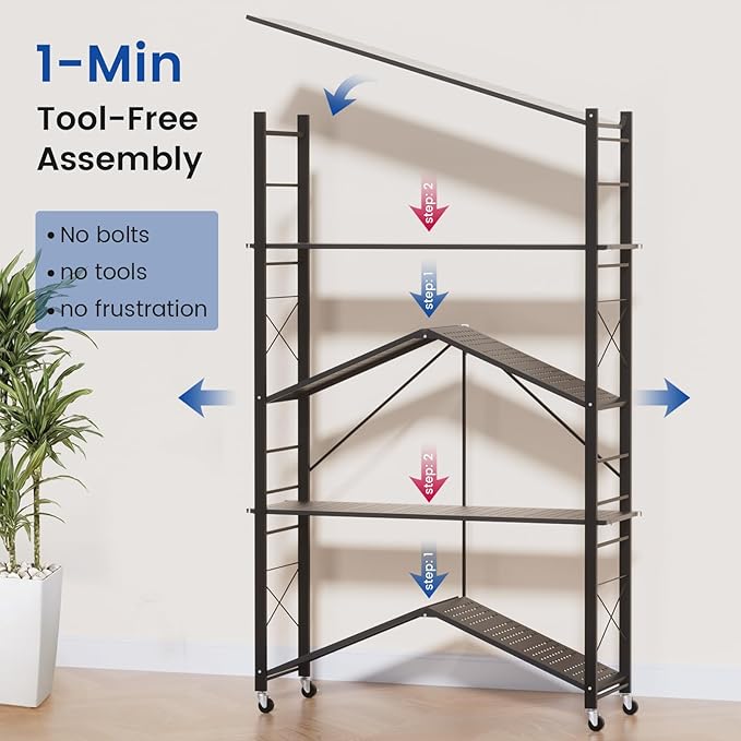 ALANNG 40" W Foldable 5-Tier Storage Shelves with Wheels, Adjustable & Removable Metal Rack, Heavy Duty Rolling Organizer for Kitchen, Garage, Closet, Pantry, and Office (Black,3 Pack)