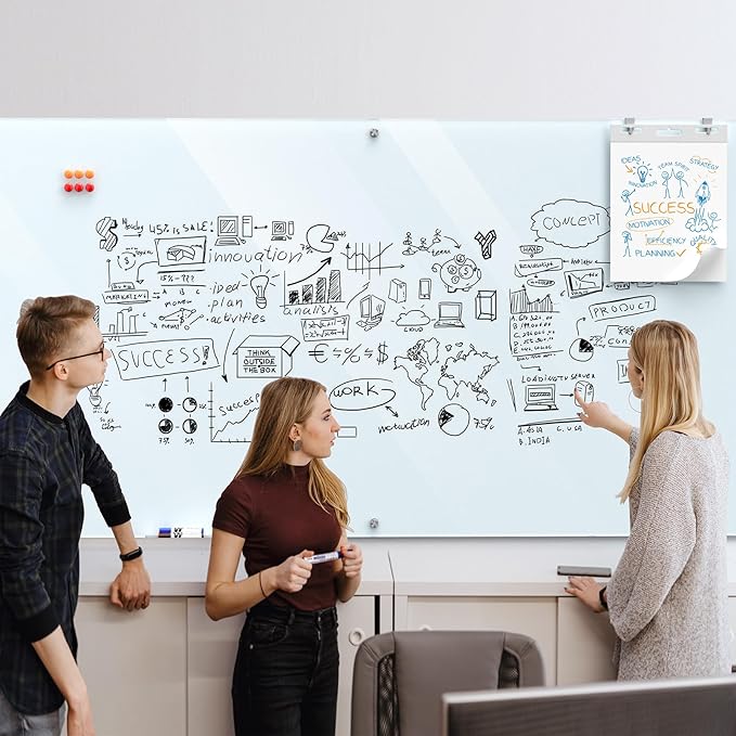 MaxGear Glass Whiteboard Wall Mounted, Frameless Magnetic Dry Erase Board, Tempered Glass, Steel-Backed, Non-Porous Smooth Surface, Floating Design, Accessories Included, for Office Home Classroom