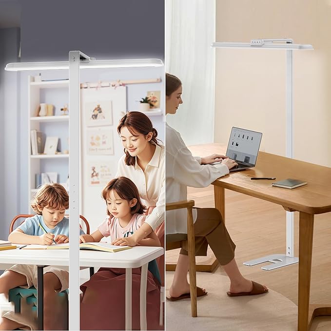 AKRRYR LED Desk Lamp for Home Office, Double Head Desk Lamp,24W Dimmable Desk Light 5 Color 5 Brightness Levels Office Lamp, Adjustable Gooseneck Office Light Eye Protection (White-Large Desk lamp)