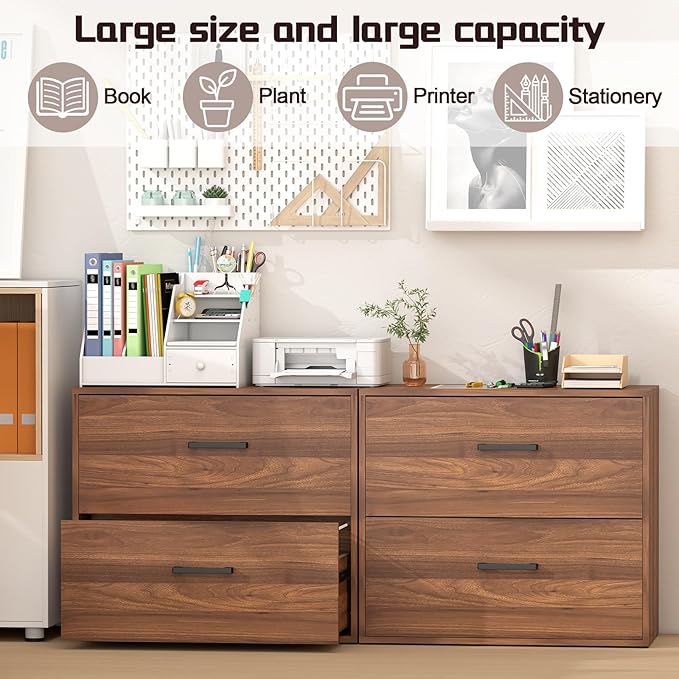 FATIGOS 2 Drawer File Cabinet, Wood Lateral Filing Cabinets, Wide Office File Cabinet with Drawer for Hanging Files/Letter Size Printer Stand for Home Office School, Assembly Required, Walnut