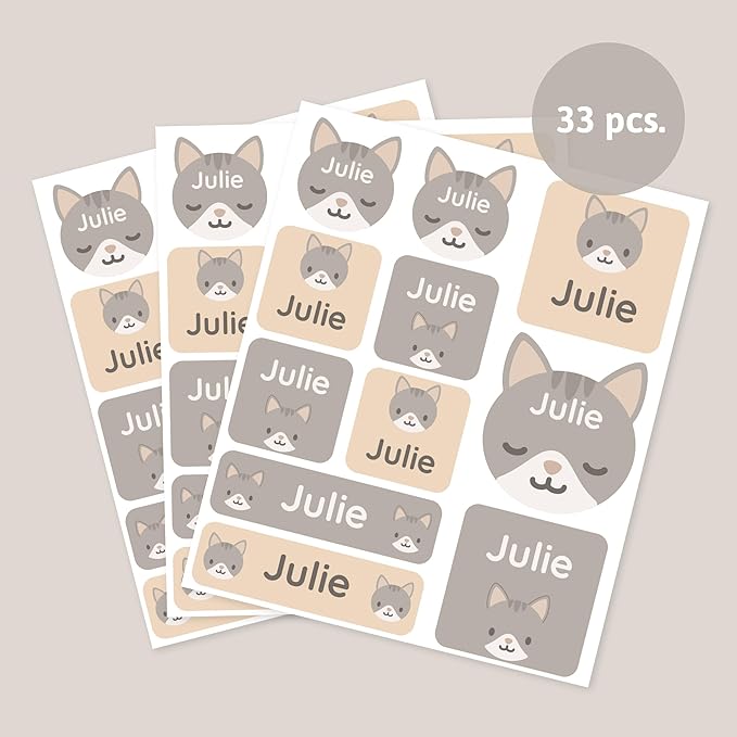 Large Name Labels for Kids (33) - Custom Stickers for Daycare and School Supplies - Durable, Waterproof Stickers for Water Bottles, Lunch Boxes, and More with Unique Designs - Kitten
