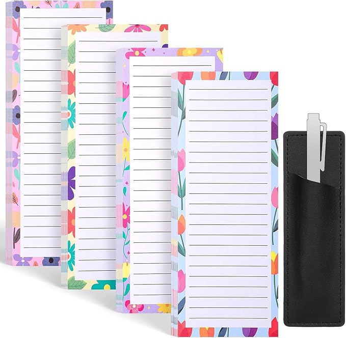 Thboxes 4 Pack Magnetic Note Pad for Fridge with Pen Holder, Totally 200 Sheets Grocery List Magnet Pad for Refrigerator Magnetic Shopping List Pad（Floral Design）