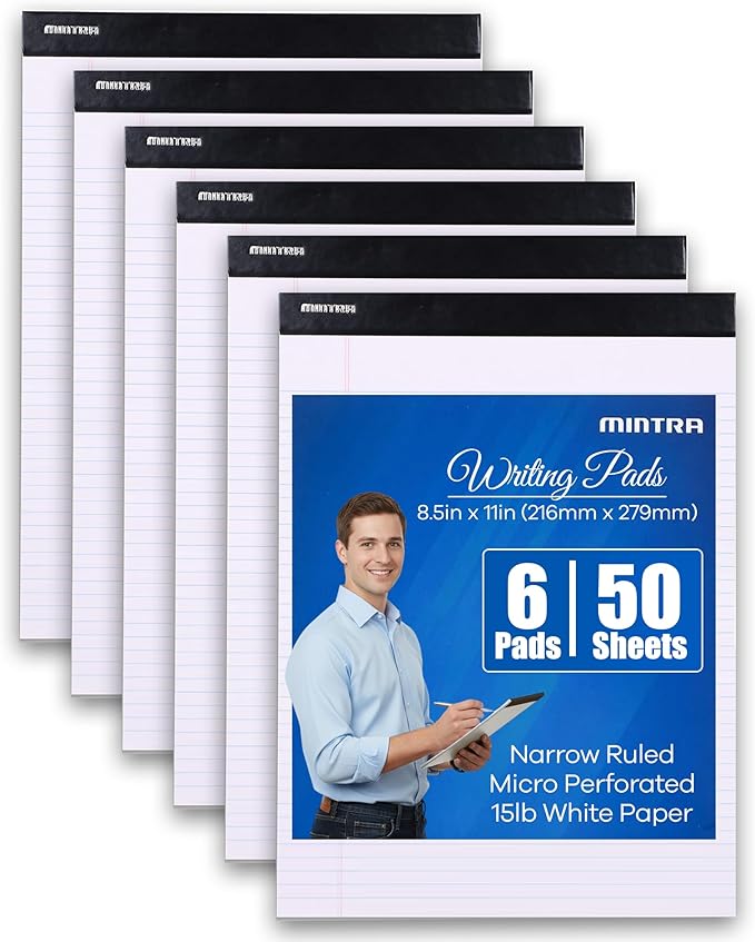 Mintra Office Legal Writing Pads – White Narrow Ruled Paper for Writing & Note-Taking – Ideal Notepads for Business, College, School & Office Use – 8.5" x 11" (6 Pack)