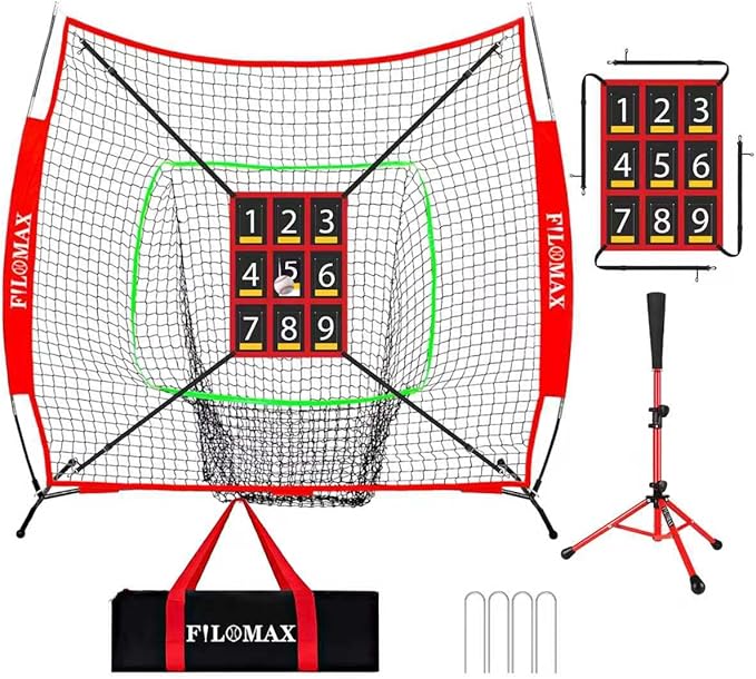 7x7ft Baseball & Softball Practice Net with Numbered Strike Zone & Batting Tee - Heavy Duty Portable Hitting Pitching Training Net for Accuracy and Swing Practice, Includes Carry Bag