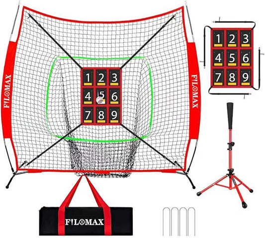 7x7ft Baseball & Softball Practice Net with Numbered Strike Zone & Batting Tee - Heavy Duty Portable Hitting Pitching Training Net for Accuracy and Swing Practice, Includes Carry Bag