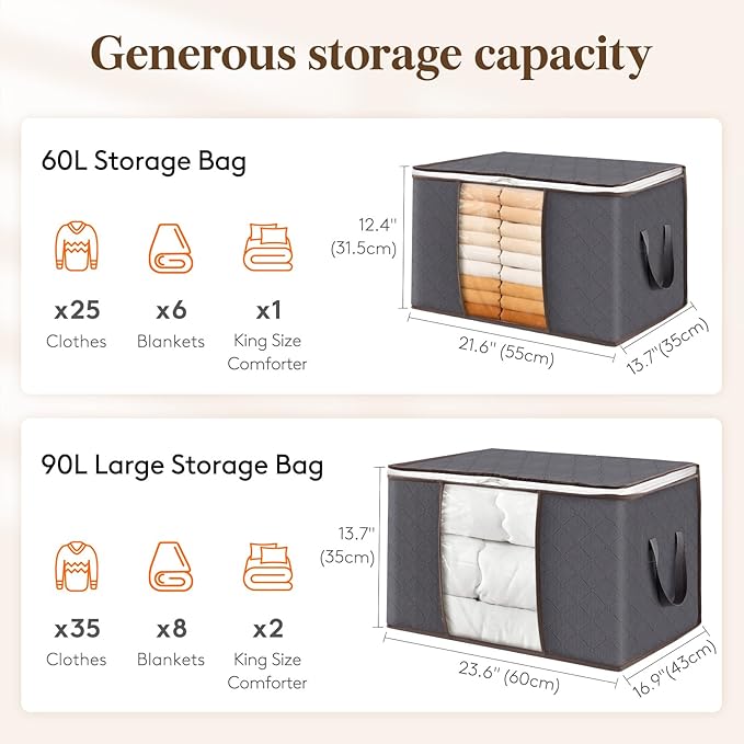 Lifewit Large Capacity Clothes Storage Bag Organizer with Reinforced Handle Thick Fabric for Comforters, Blankets, Bedding, Foldable with Sturdy Zipper, Clear Window, 18 Pack, 90L, Grey
