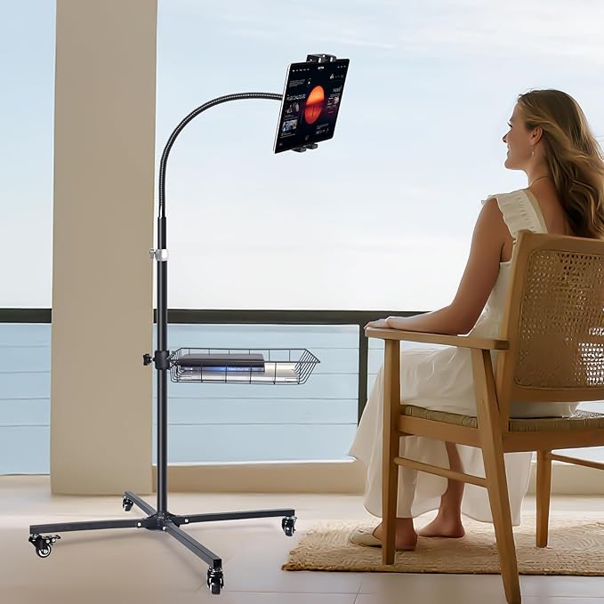 Coslony Adjustable Floor Standing Tablet Stand with Storage Basket, Mobile Rolling Base, Height Adjustable Metal Frame