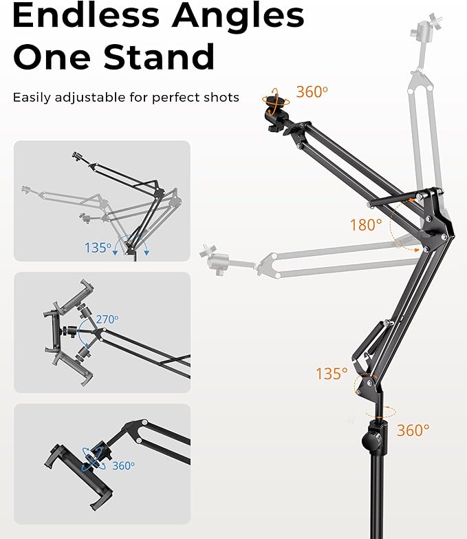UBeesize Overhead Camera Mount with 360° Adjustable Arm & Phone Holder for TikTok Live Streaming Photography Studio Content Creation, Desk Mount for DSLR Cameras/Webcam/iPhone/Ring Light/Microphone