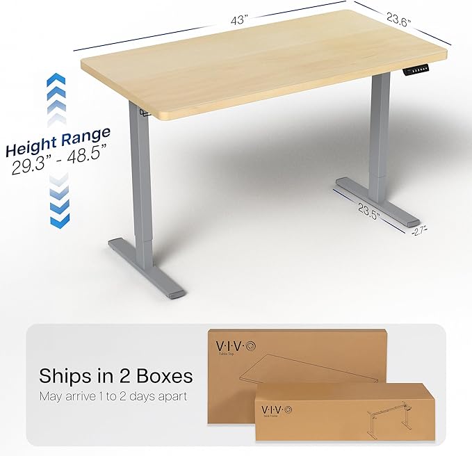 VIVO Electric 43 x 24 in Standing Desk, Memory Height Adjustment, 1B Series, Holds 220 lbs, One-Piece Light Wood Top, Gray Frame, DESK-KIT-1G4C