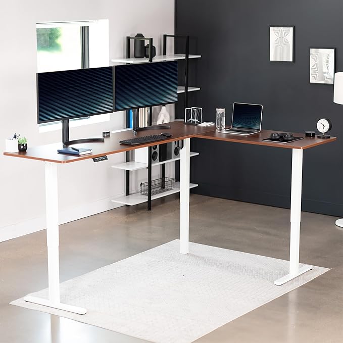 VIVO Electric Corner 84 x 63 inch L-Shaped Standing Desk, Memory Height Adjustment, Dark Walnut Top White Frame, DESK-E3CTWD-84