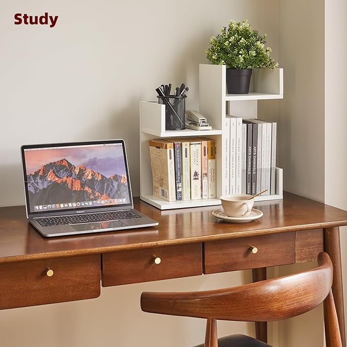 Aibiju Small White Desk Organizer, 2 Tier Tree Cactus Bookshelf, Desktop Organizer Wood, Small Plant Shelf White YD-DSR002W