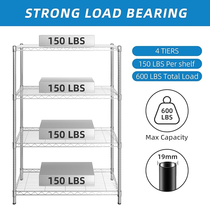 Guan River 4-Shelf Adjustable Metal Shelf Wire Shelving Unit Storage Rack Display Shelf for Office,Kitchen,Bedroom,Bathroom,Laundry,Pantry Basement,Garage(Chrome,36" L x 14" W x 54" H)