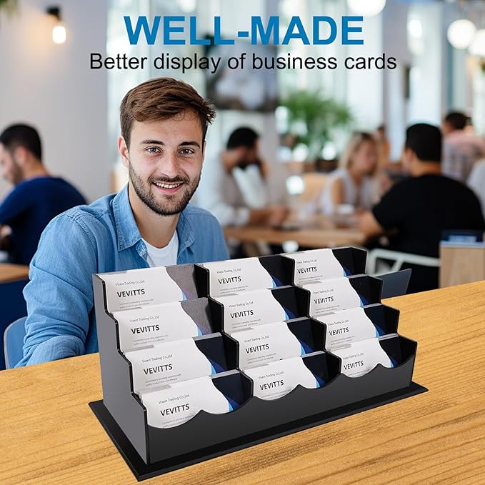 Vevitts Business Card Holder, Acrylic Business Card Display, Clear Desktop Business Card Stand for Exhibition, Home & Office Black 4 Tiers 12 Slots