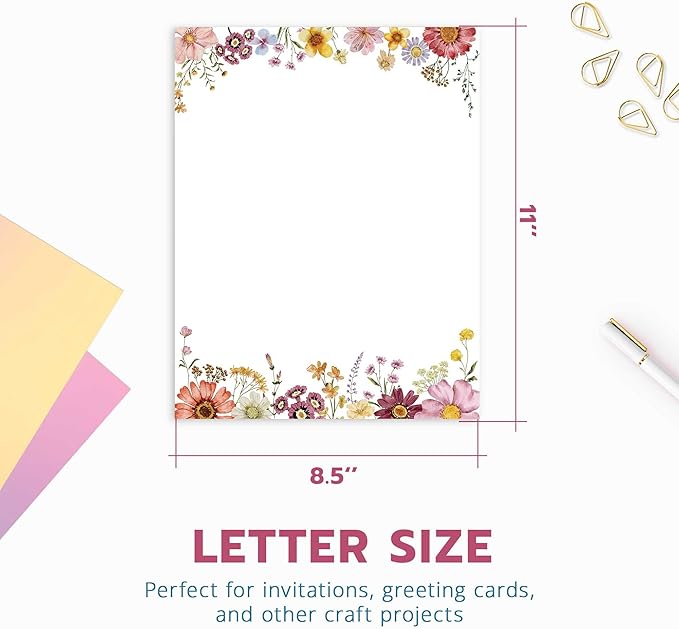 Flower Paper Stationery, Floral Letterhead Paper 8.5 x 11 Inches, 50 Sheets, Elegant Writing Paper, Pretty Stationary Paper, Decorative Printer Papr, Spring Wildflower Letter Paper Set