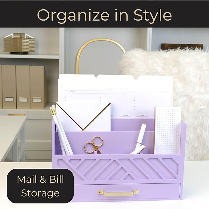 BLU MONACO Purple Mail Organizer Countertop | Wooden Desk Storage with Drawer | Mail Sorter & Bill Holder for Desk | Farmhouse Desktop Organizer with Basket for Home, Office & Kitchen