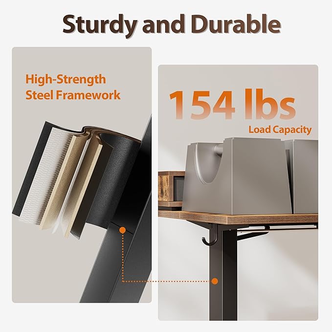 Agilestic 48 Inch Electric Standing Desk with Drawers, Adjustable Desk with Storage Shelf, Stand Up Home Office Computer Table, Splice Board, Rustic Brown