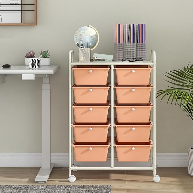 GLACER 10 Drawer Rolling Cart, Storage Cart with Lockable Whieels & Metal Frame, Trolley for Art Craft Oganizer, Mobile Utility Cart for Office, School, Classroom, Kitchen (Peach Fuzz)