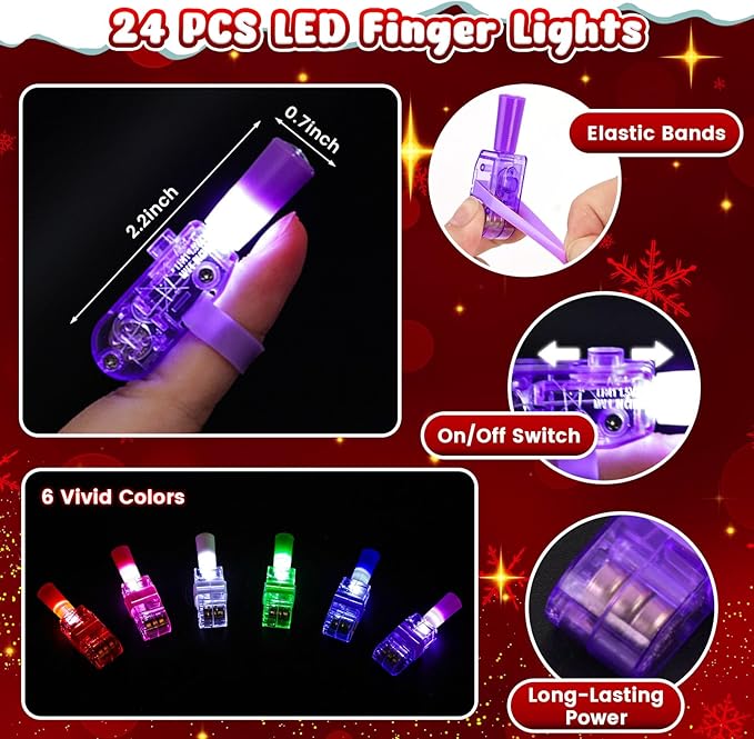 LovesTown 24PCS Christmas Party Favors Flashlights, Glow in The Dark Christmas Toys Bulk LED Light up Finger Lights for Party Decorations Goodie Bags Fillers Classroom Prizes