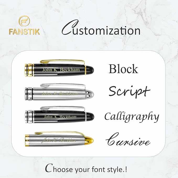 FANSTIK Customized RollerBall pen with name (MADE IN USA), stainless steel, black and gold, luxury engraved pen personalized for men and for women. (RollerBall Black-Gold)