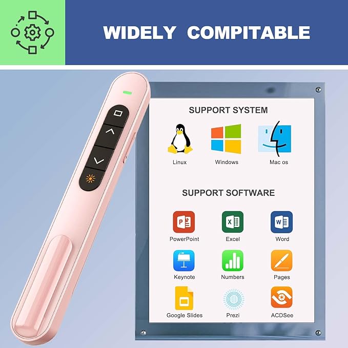 QUI Presentation Clicker for PowerPoint, RF 2.4GHz USB C Wireless Presenter Remote with Volume Control, PowerPoint Clicker Slide Advancer for Mac, Windows, Laptop, Keynote