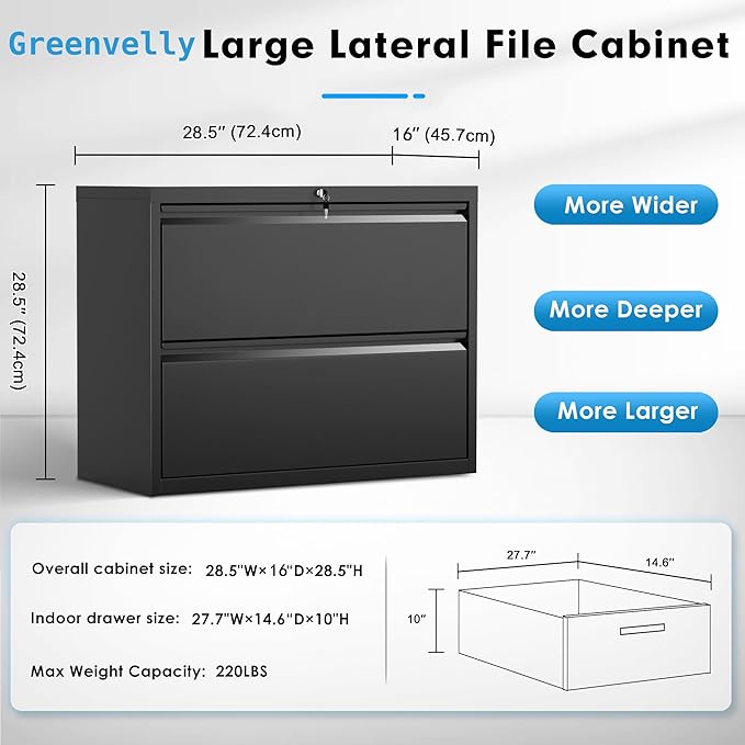 Pataku Lateral File Cabinet, 2 Drawer File Cabinet with Lock, Black Filing Cabinets for Home Office, Metal File Cabinet for Hanging Files/Letters/Legal/F4/A4(2Drawer/Black)