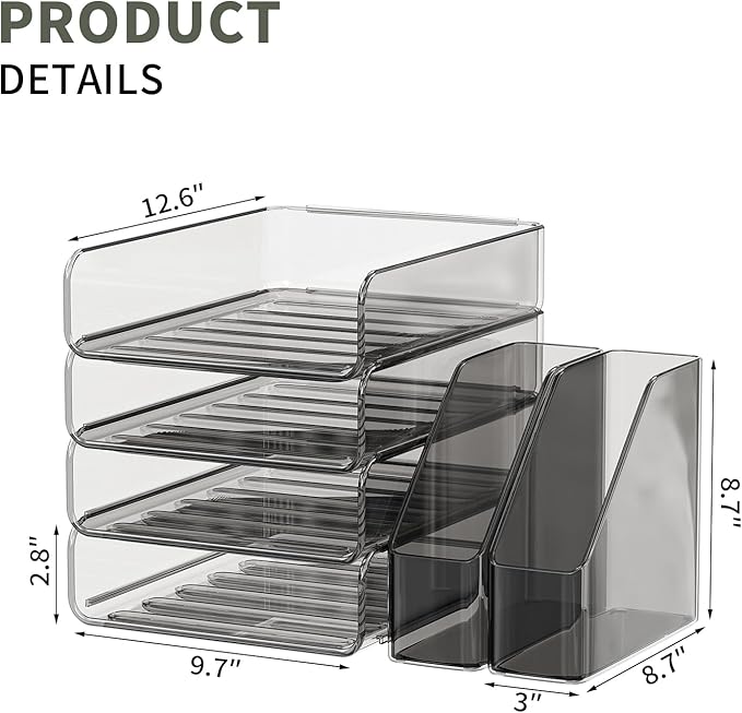 Clear Paper Organizer with Movable Bookends, Brown Acrylic Stackable Paper Tray for Desk, 4-Tier Letter Tray Organizer Office Supplies