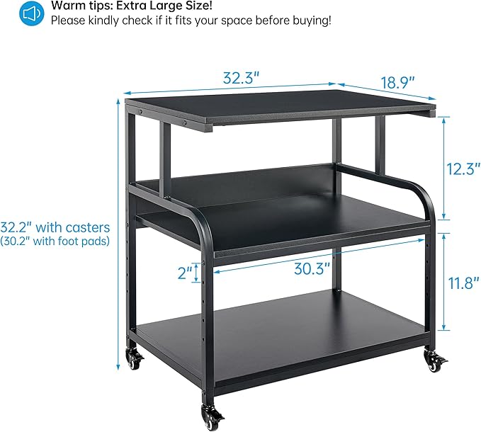 Fannova 32.3" x 18.9" Extra Large Printer Stand Table with Adjustable Storage Shelf, 3 Tier Rolling Printer Cart with Industrial Wheels for Home Office, Black