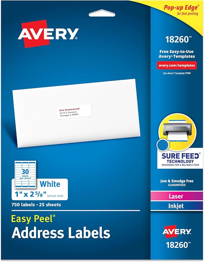Avery Easy Peel Printable Address Labels with Sure Feed, 1" x 2-5/8" Customizable Stickers, White, 750 Blank Mailing Labels, Great for Mailing, Shipping, and More (18260)