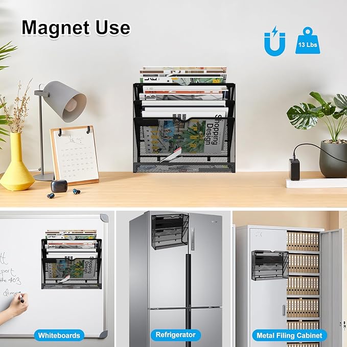 KZWKRG 4 Tier Magnetic File Holder, Large Capacity Mesh Hanging Wall Organizer Vertical Magnetic Hanging File Organizer, Magnetic File Folder Holder for File Cabinets, Office, Whiteboard (Black)