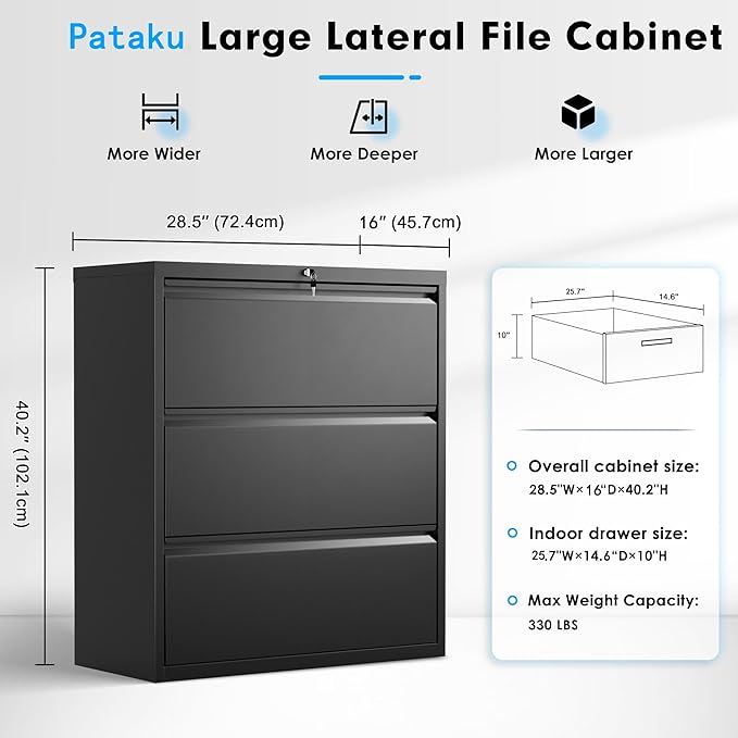 Pataku Metal Lateral File Cabinet with Lock, Steel Lateral Filing Cabinet 3 Drawer, Locking Office Home Wide Organization File Cabinet for Hanging Files Letter/Legal/F4/A4 Size(3Drawer/Black)