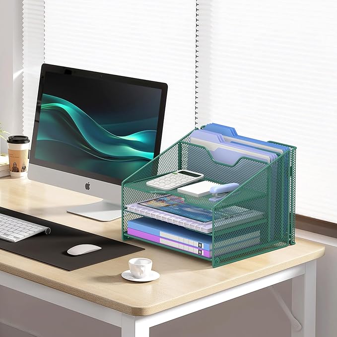 Samstar Green Desk File Organizer, Mesh Letter File Folder Holder with 3 Paper Trays and 2 Vertical Upright Section, for Office Supplies, Desk Accessories & Workspace, Green