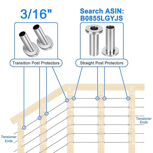 [Patent Design] CKE 40 Pack 45 Degree T316 Marine Grade Stainless Steel Angle Beveled Protector Sleeves Wood Post Protector for 1/8", 5/32", 3/16" Wire Rope Cable Railing, Come with a Free Drill Bit