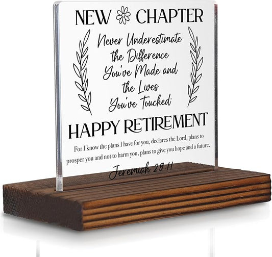 Happy Retirement Acrylic Desk Sign with Bible Verse, Christian Gift for Women Men, New Chapter Inspirational Plaque, Religious Office Decor, Farewell Keepsake for Coworker Friend Parent PA121