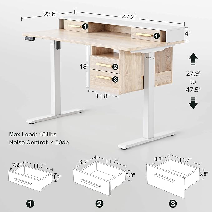 ModernMate Standing Desk with 4 Drawers, 47.2 x 23.6 Inch Whole Piece Height Adjustable Electric Sit Stand Desk, Computer Home Office Workstation with Open Storage Shelf, Light Walnut
