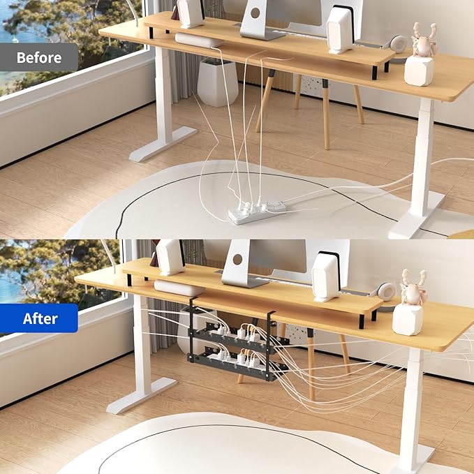 SRJZMLY 31Inch Extendable Under Desk Cable Management Tray Multi-Model Metal Cable Management Tray Under Desk Cord Management with Clamp Power Strip Cord Holder for Wire Cable Management, Black