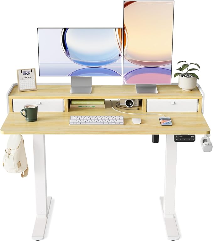 YIHAYO Electric Standing Desk with Drawers, 48 x 24 Inches Adjustable Desk with Storage Shelf, Stand Up Desk with Splice Board, Computer Table for Home Office, White Frame/Natural Top