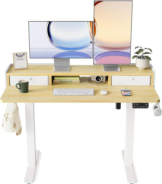 YIHAYO Electric Standing Desk with Drawers, 48 x 24 Inches Adjustable Desk with Storage Shelf, Stand Up Desk with Splice Board, Computer Table for Home Office, White Frame/Natural Top