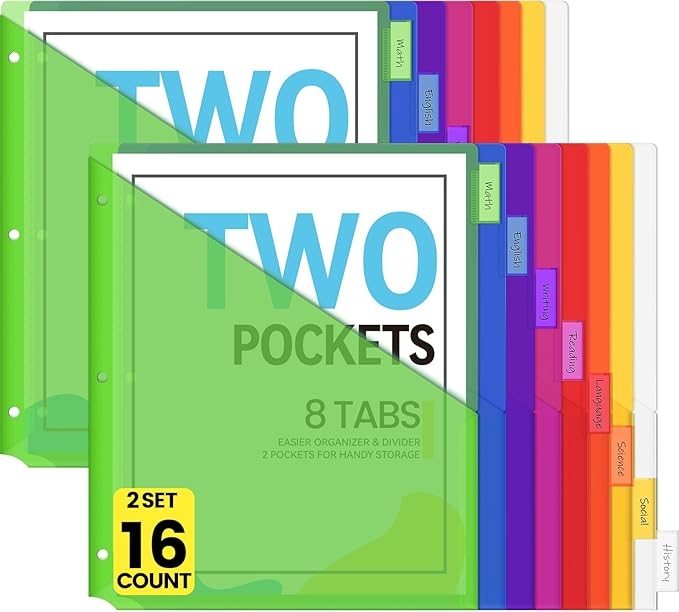 Sooez 16 Count Dividers with Pockets, 8 Tabs Binder Dividers for 3 Ring Binders, Binder Dividers with tabs, Binder Divider with Pockets for US Letter Size, Insertable Big Tabs, Multicolor, Set of 2