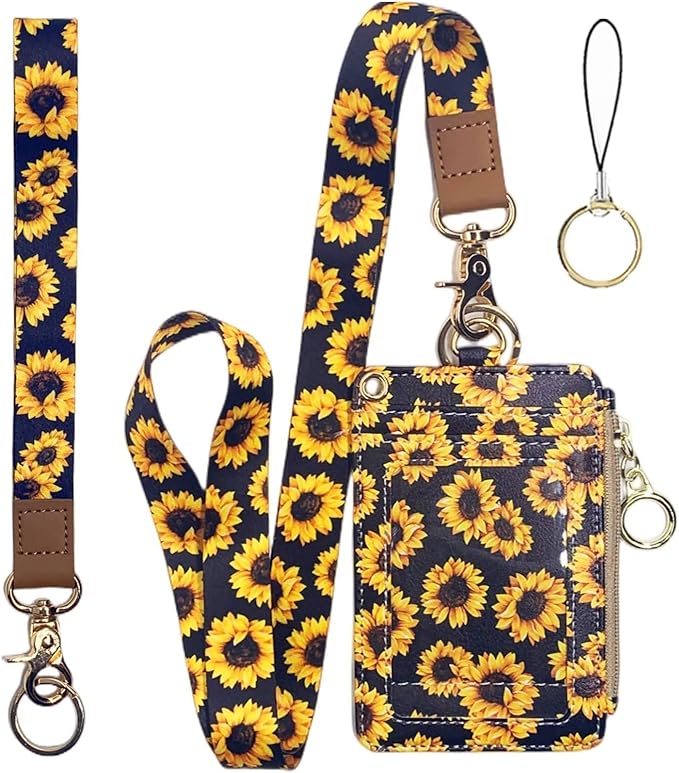 Bolimoss Sunflower ID Badge Holder with Lanyard, Cute Name Badge Holder, Zip ID Case for Work, Office, Nurse, Medical Student, Teacher, Women