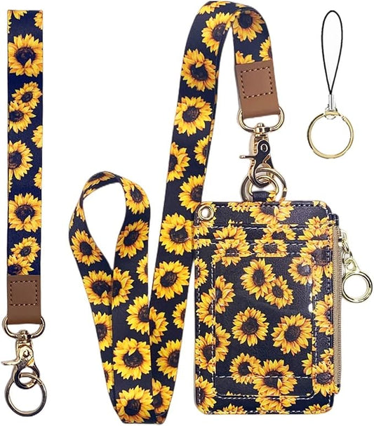 Bolimoss Sunflower ID Badge Holder with Lanyard, Cute Name Badge Holder, Zip ID Case for Work, Office, Nurse, Medical Student, Teacher, Women